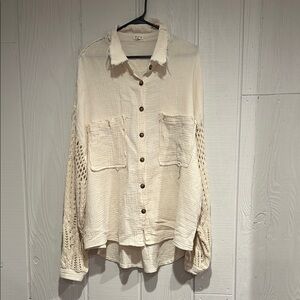 POL Cream Button-Up Shacket/Shirt with Crochet Lantern Sleeves